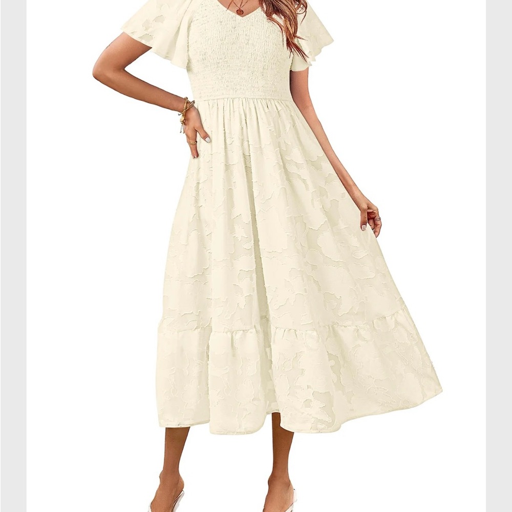 Meerokeety V Neck Ruffle Sleeve Floral Smocked Midi Dress